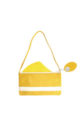 Small slim yellow leather handbag with white leather stripe accent. Vivid yellow satin lining. White zipper closure. Lining view. Upcycled, circular, sustainable.