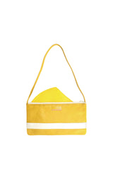 Small slim yellow leather handbag with white leather stripe accent. Vivid yellow satin lining. White zipper closure. Lining view. Upcycled, circular, sustainable.