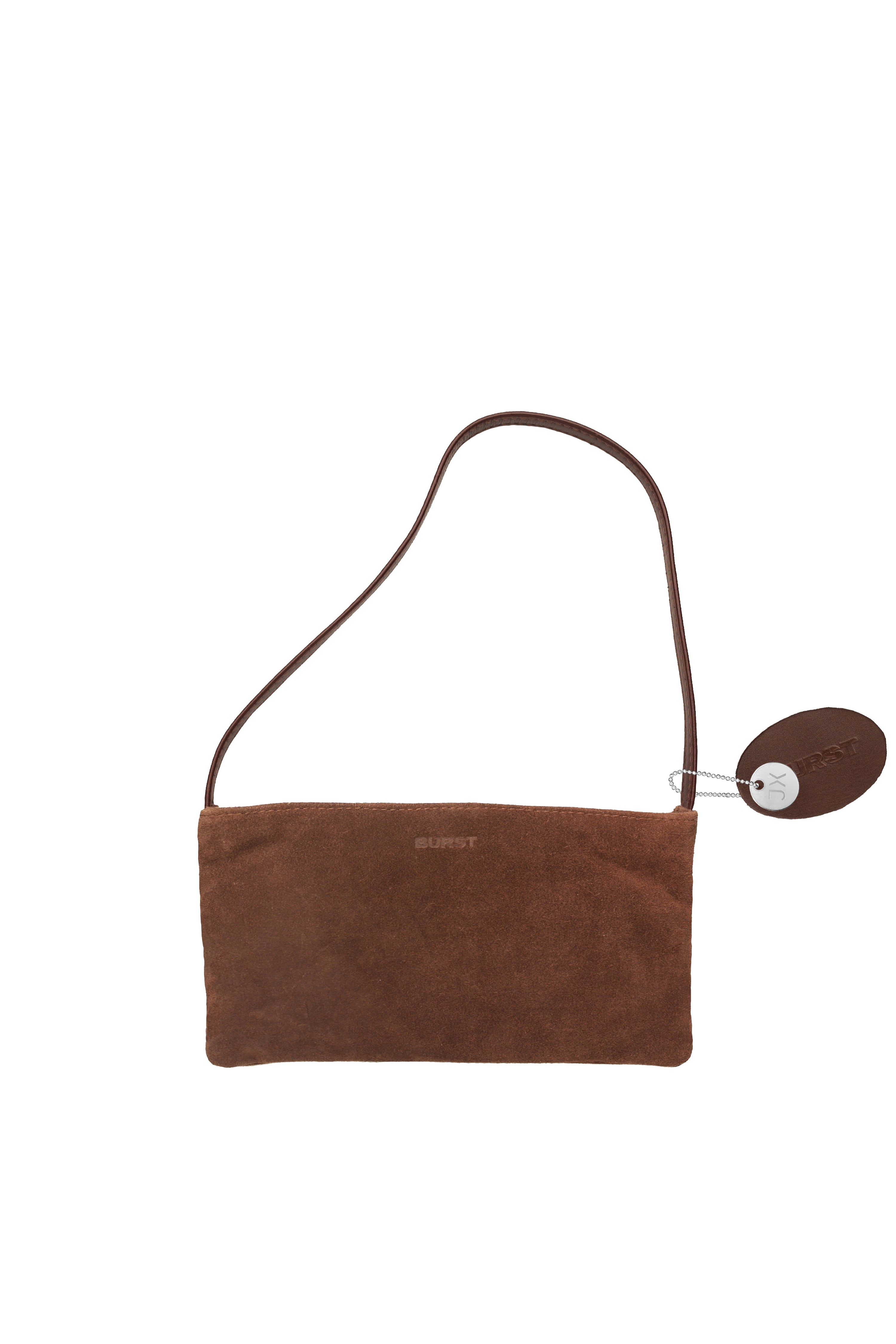 Small slim brown suede handbag. Polished brown leather shoulder strap. Elegant copper satin lining and contrast stitch accent. Sunken antiqued bronze metal zipper closure. Front view. Upcycled, circular, sustainable.