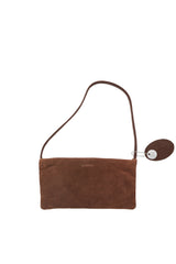 Small slim brown suede handbag. Polished brown leather shoulder strap. Elegant copper satin lining and contrast stitch accent. Sunken antiqued bronze metal zipper closure. Front view. Upcycled, circular, sustainable.