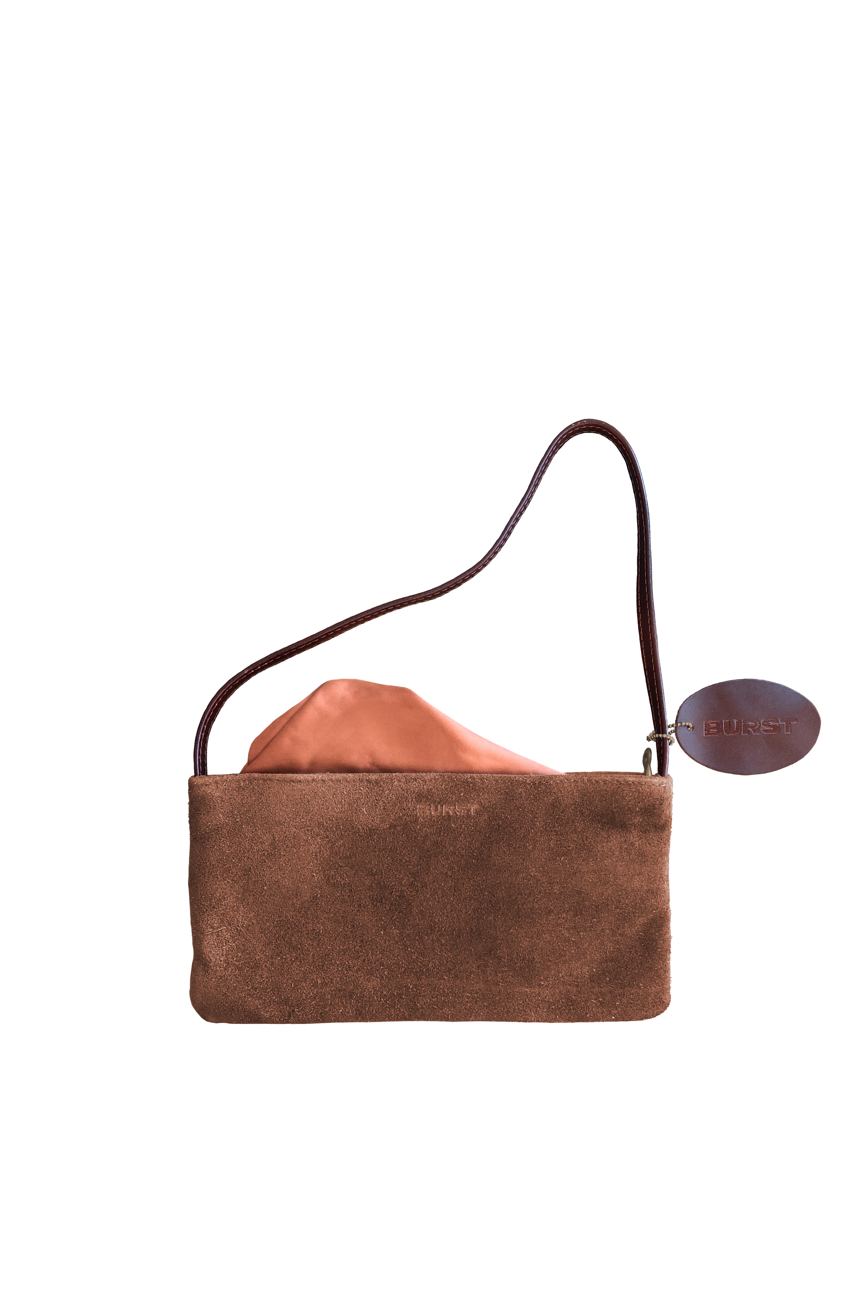 Small slim brown suede handbag. Polished brown leather shoulder strap. Elegant copper satin lining and contrast stitch accent. Sunken antiqued bronze metal zipper closure. Lining view. Upcycled, circular, sustainable.