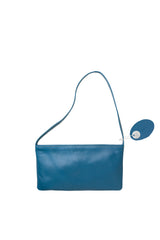Small slim leather handbag, Mediterranean blue. Vivid light lemon lining and stitches. Zipper. Upcycled, sustainable