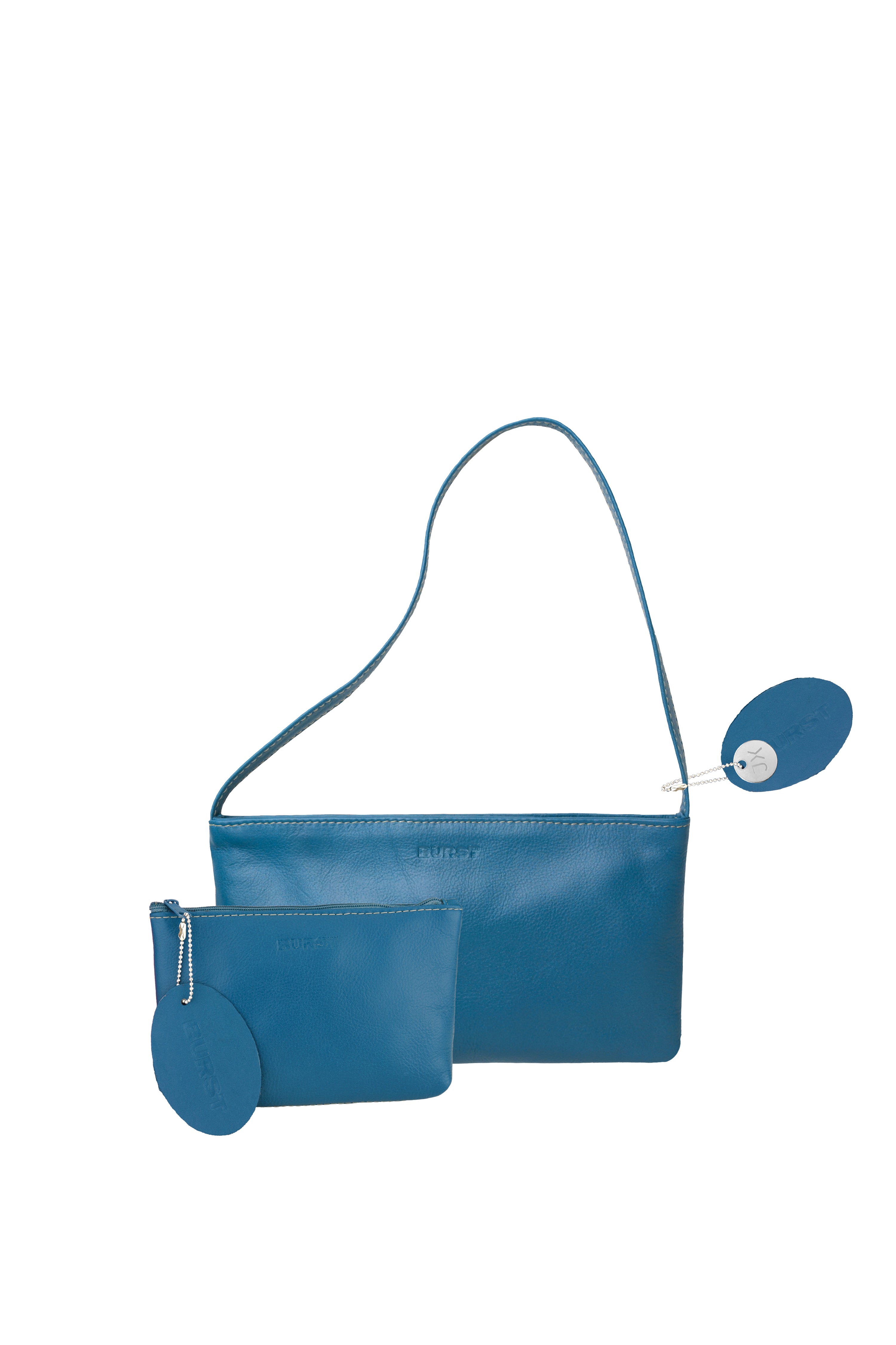 Small slim leather handbag, Mediterranean blue. Vivid light lemon lining and stitches. Zipper. Companion small leather zip pouch. Upcycled, sustainable