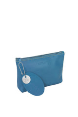 Leather pouch, zip close, vivid Mediterranean blue. Vivid pale yellow lining and stitch. Upcycled, sustainable