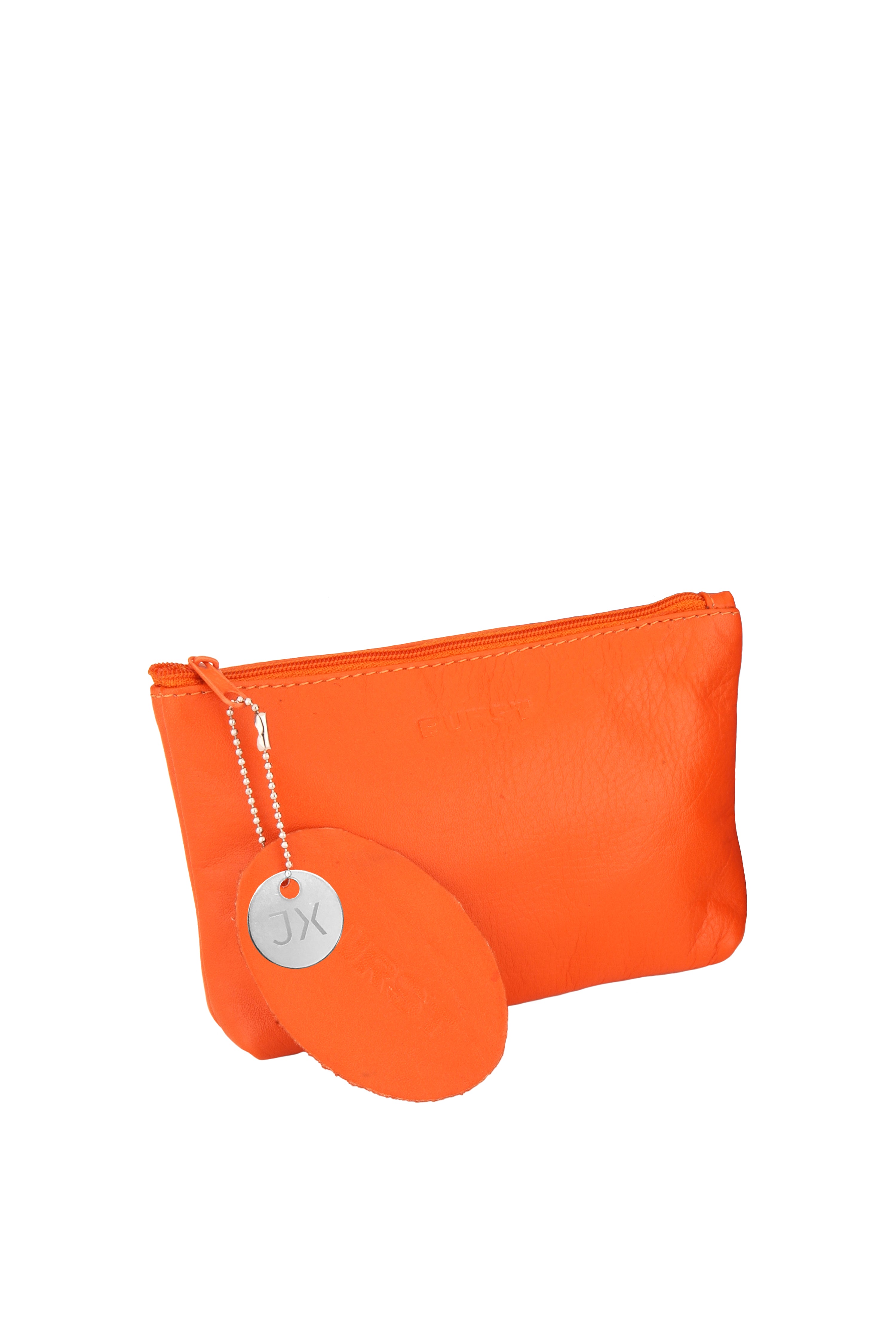 Leather pouch, zip closure. Vivid orange with light orange lining and stitch. Removable branded leather tab with metal coin tags. Upcycled, sustainable.