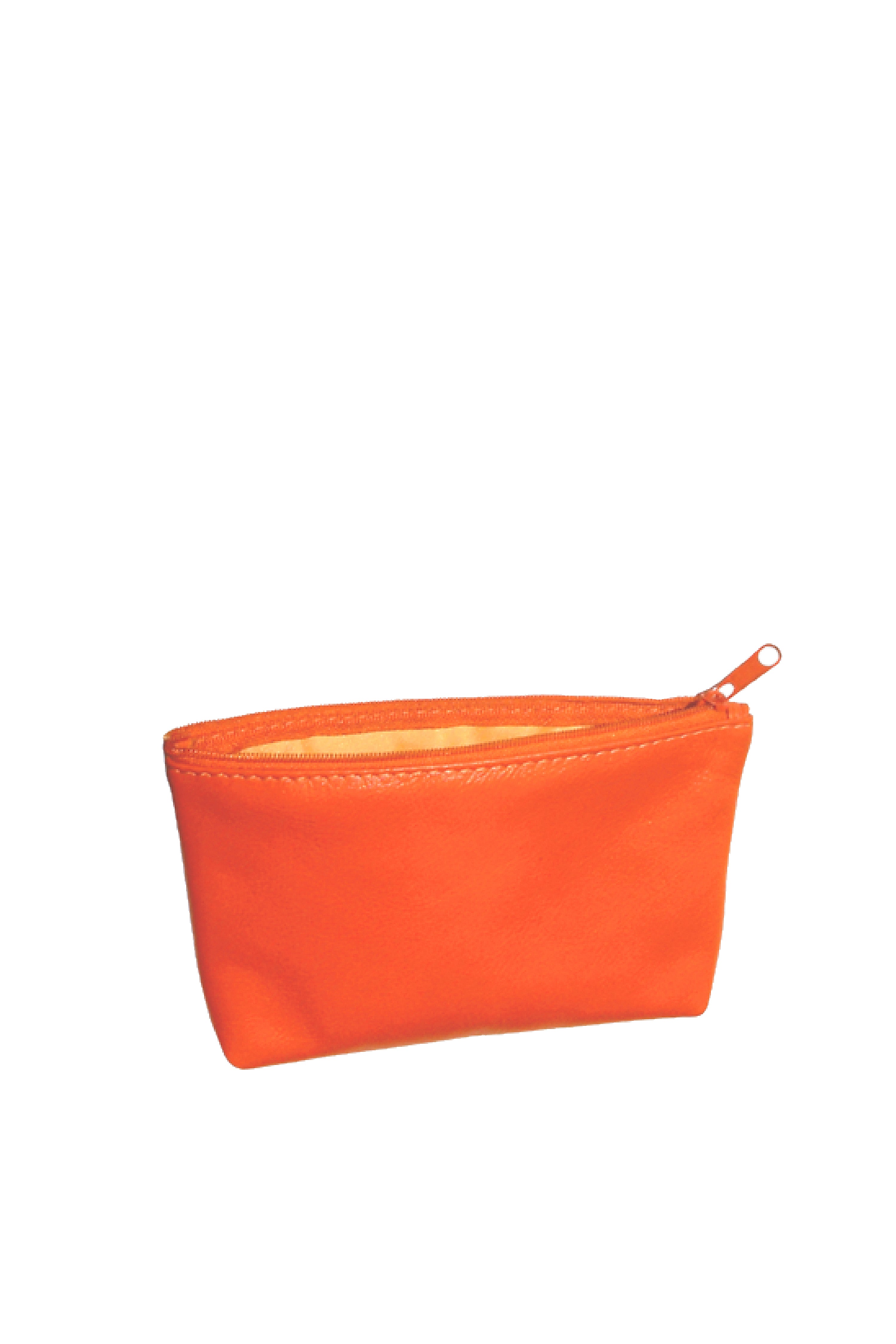 Leather pouch, zip closure. Vivid orange with light orange lining and stitch. Removable branded leather tab with metal coin tags. Sustainable, upcycled.