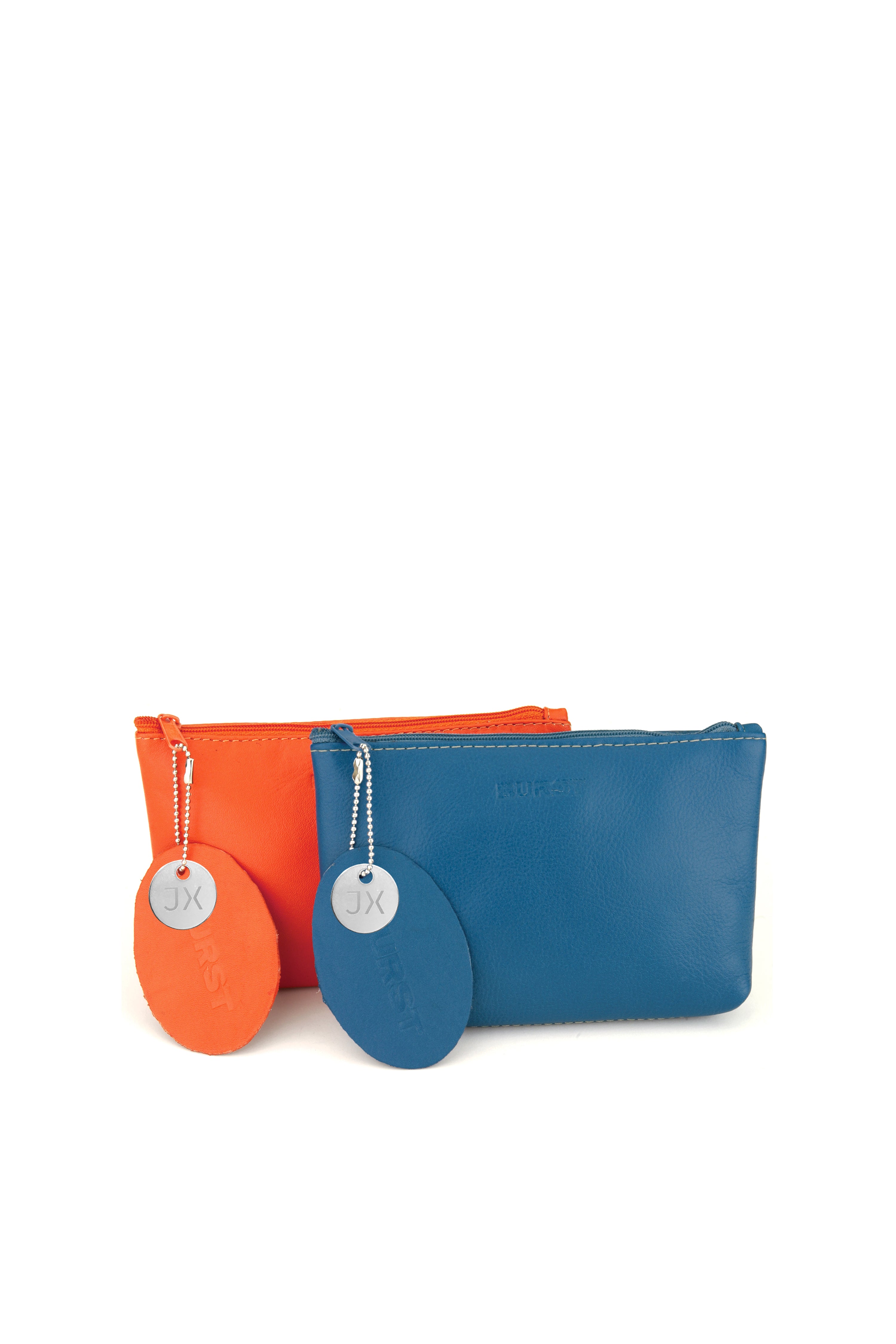 Leather pouch 1: zip close, vivid Mediterranean blue. Vivid pale yellow lining and stitch. Leather pouch 2: zip close, vivid Tangerine orange. Vivid cantaloupe lining and stitch. Upcycled, sustainable