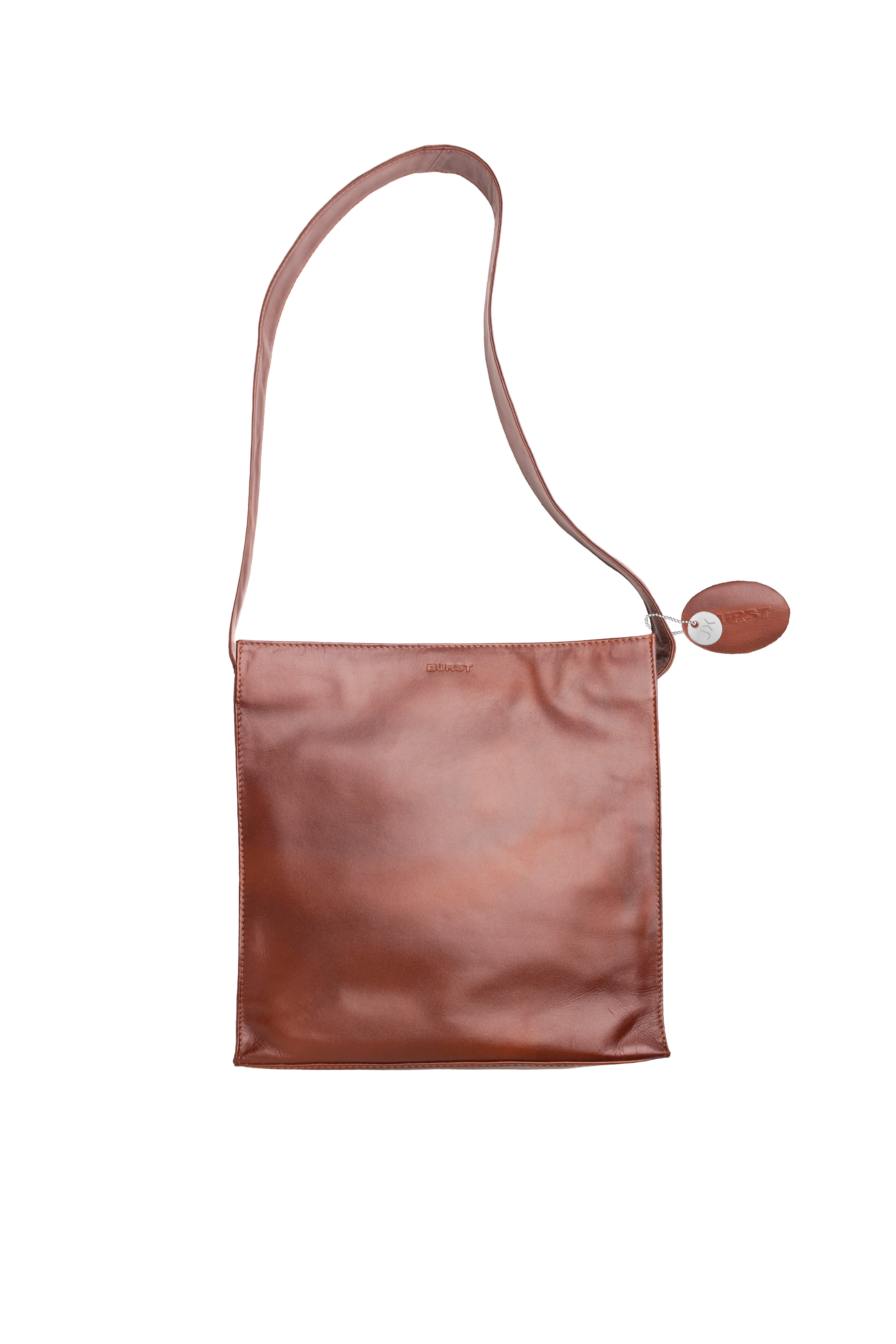 Caramel finished leather large cross body bag. Chic wide strap. Chestnut brown with vivid burnt Sienna lining and stitch. Upcycled, sustainable.