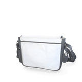 White & dark grey leather small messenger bag. White lining, yellow stitches. Padded cross body strap. Upcycled, sustainable