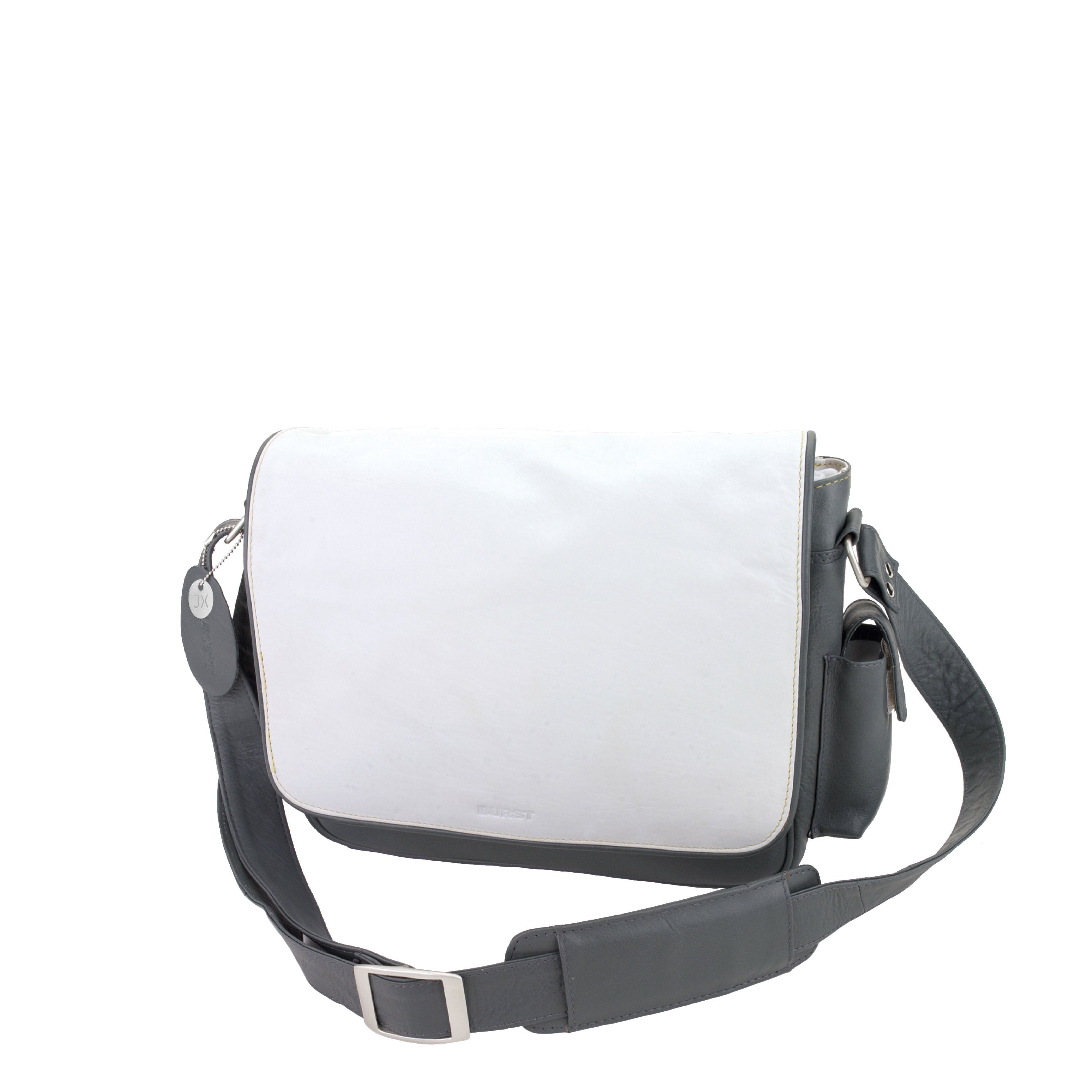 House of JX - White & dark grey leather small messenger bag. White lining, yellow stitches. Padded cross body strap. Upcycled, sustainable