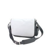 House of JX - White & dark grey leather small messenger bag. White lining, yellow stitches. Padded cross body strap. Upcycled, sustainable