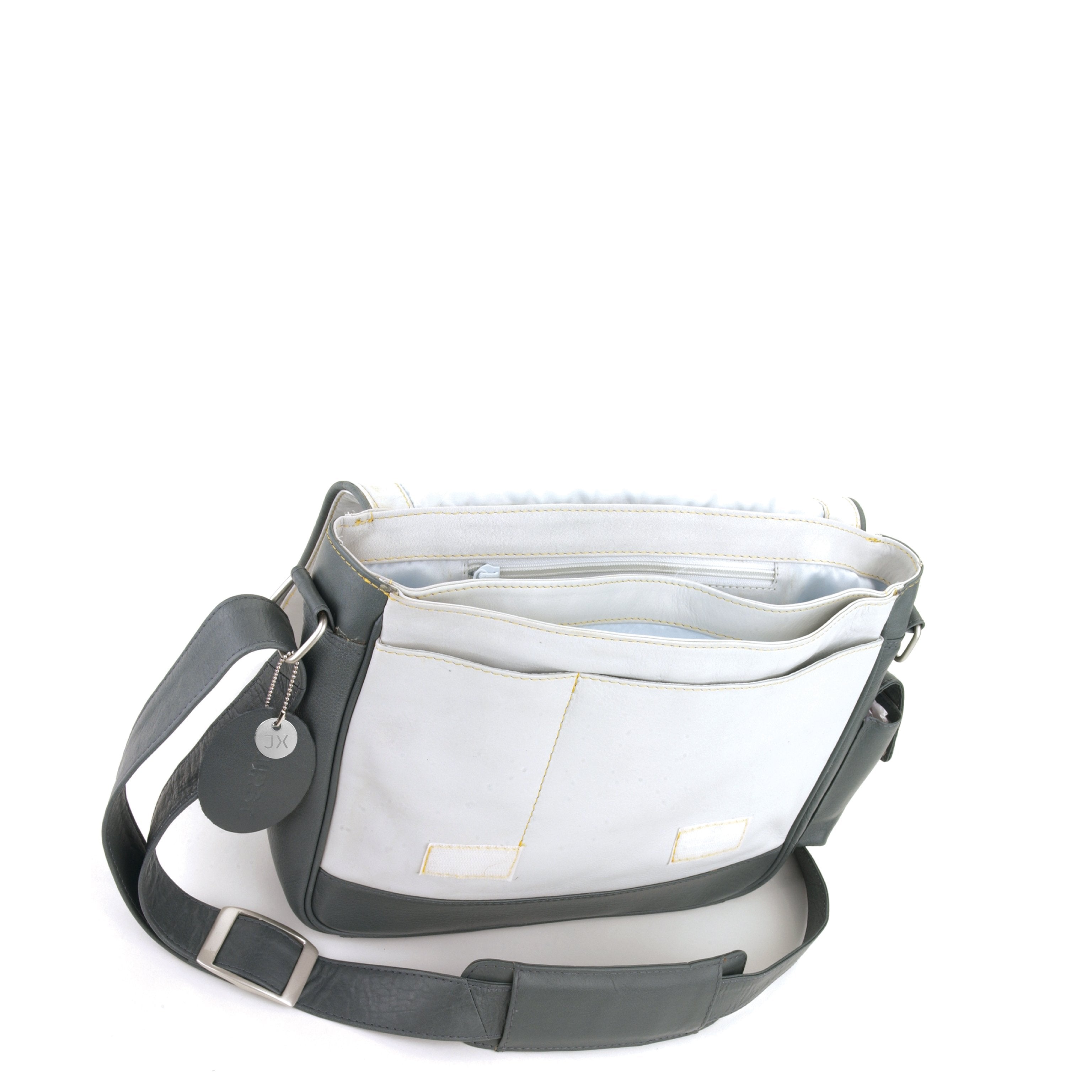 House of JX - White & dark grey leather small messenger bag. White lining, yellow stitches. Padded cross body strap. Upcycled, sustainable