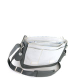 House of JX - White & dark grey leather small messenger bag. White lining, yellow stitches. Padded cross body strap. Upcycled, sustainable
