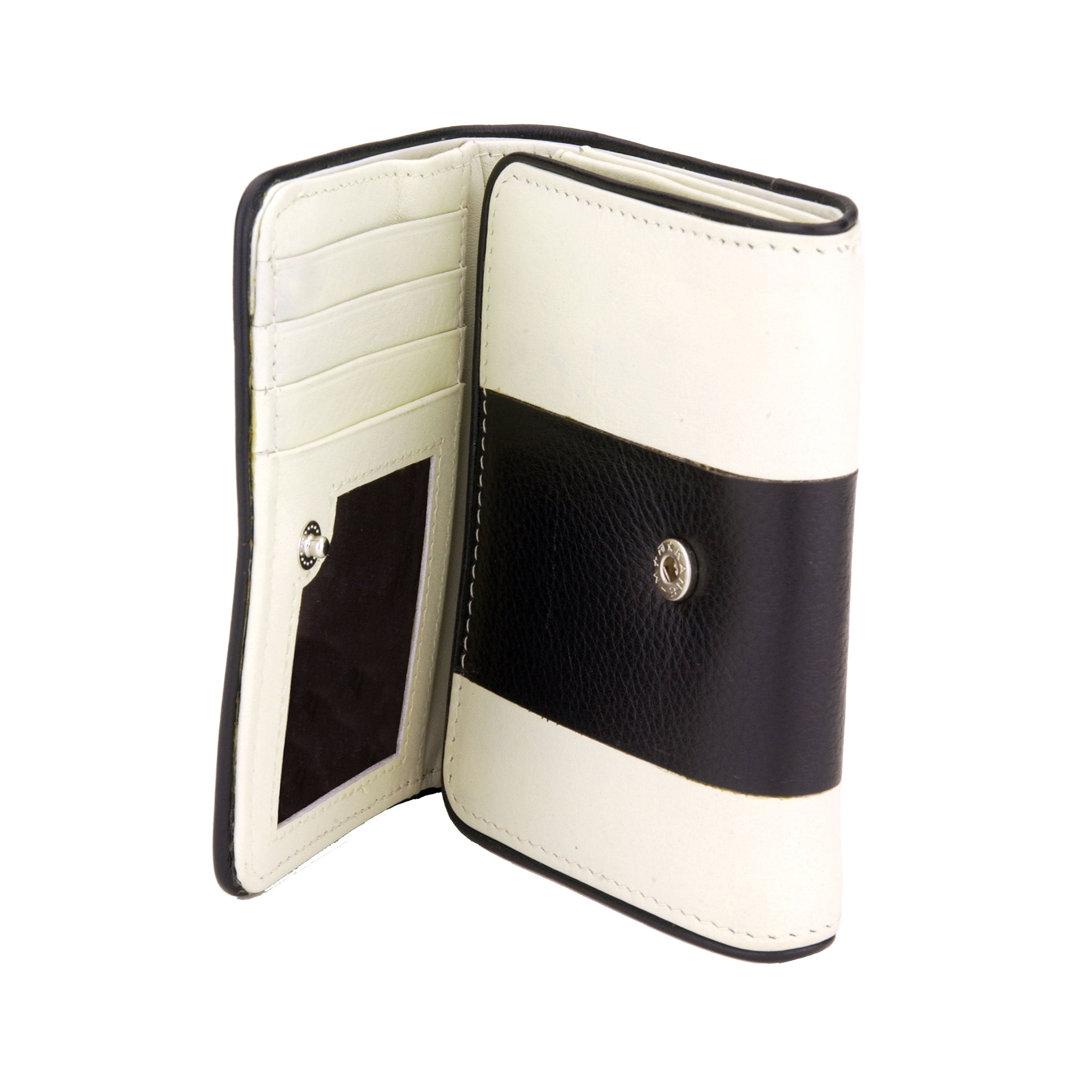 Medium sized cream leather wallet, with inlaid black leather stripe accent. Flap close with hidden snap. Upcycled, sustainable.